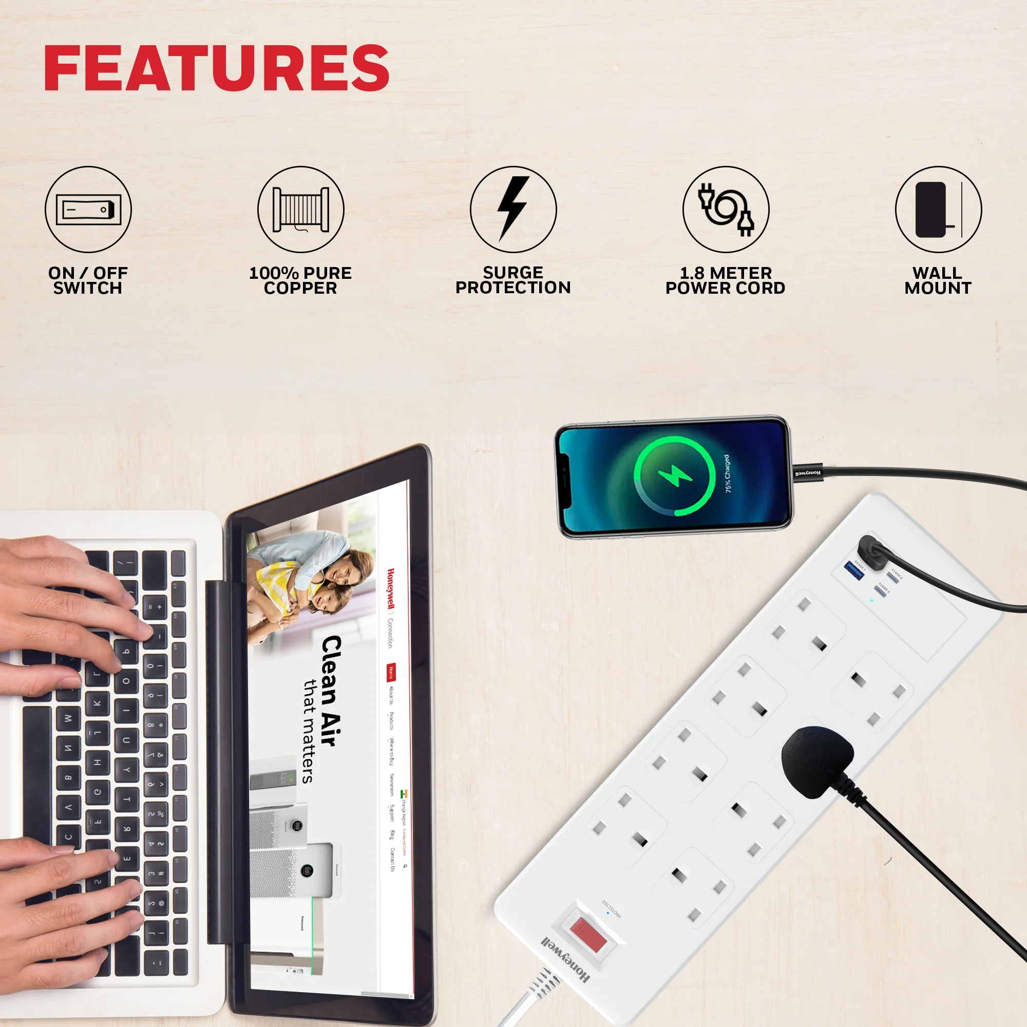 8 Outlet Surge Protector with 2 Type C with PD & 2 USB - White - Image 4