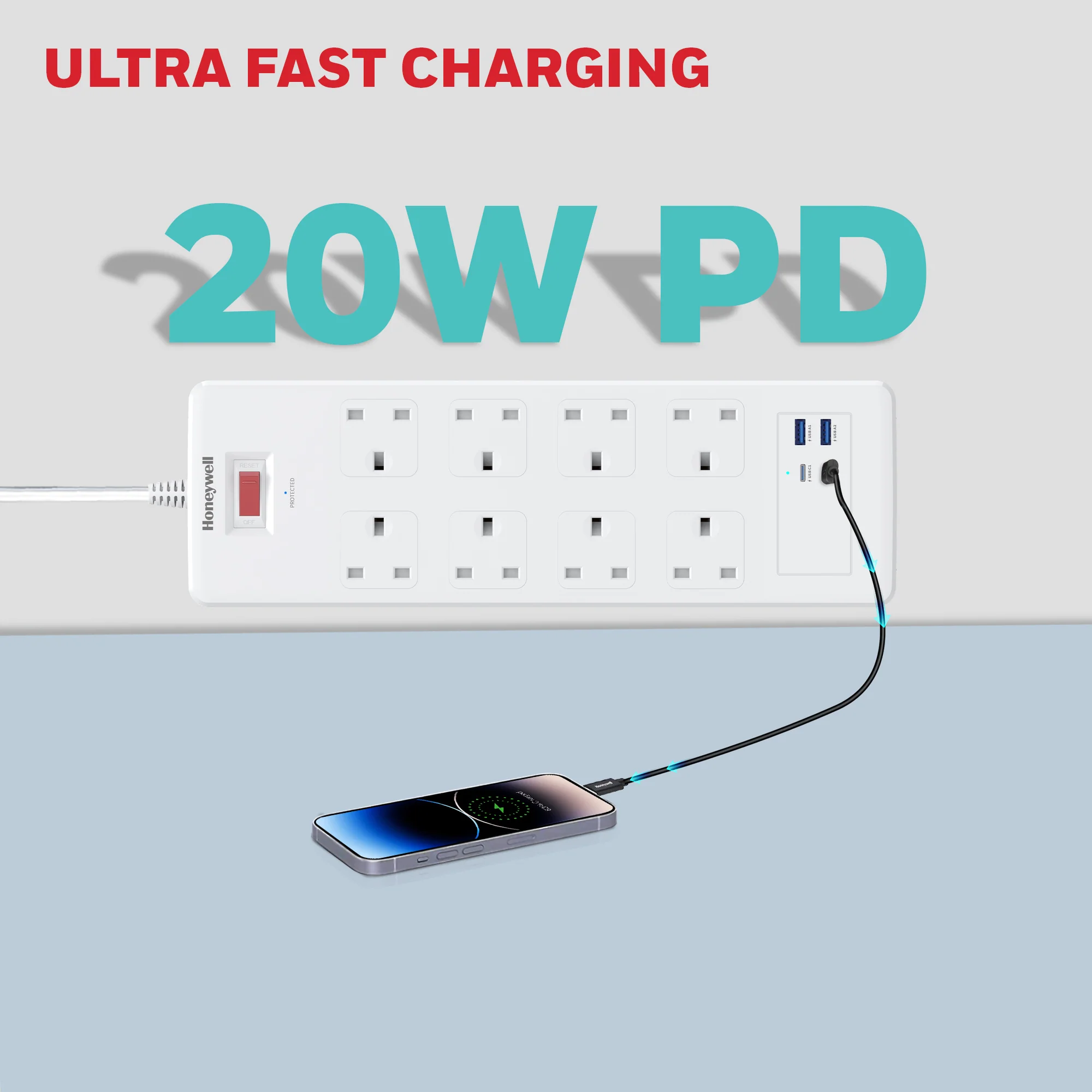 8 Outlet Surge Protector with 2 Type C with PD & 2 USB - White - Image 6