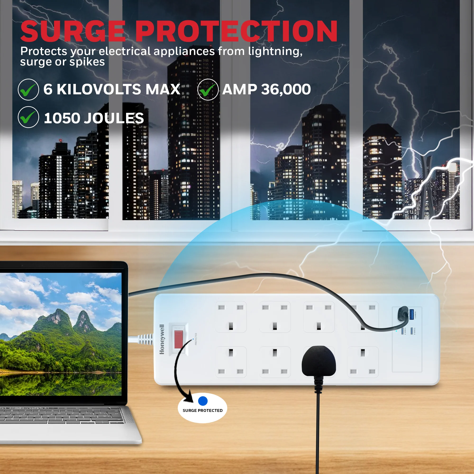 8 Outlet Surge Protector with 2 Type C with PD & 2 USB - White - Image 8