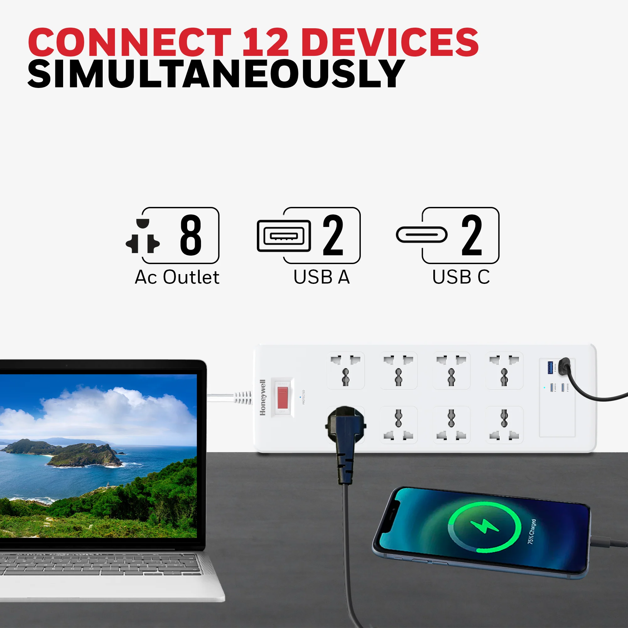 8 Outlet Surge Protector with 2 Type C with PD & 2 USB - White - Image 2