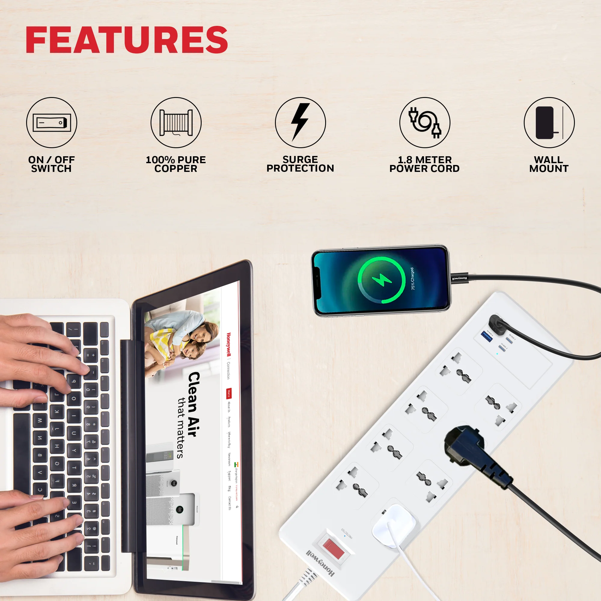 8 Outlet Surge Protector with 2 Type C with PD & 2 USB - White - Image 4