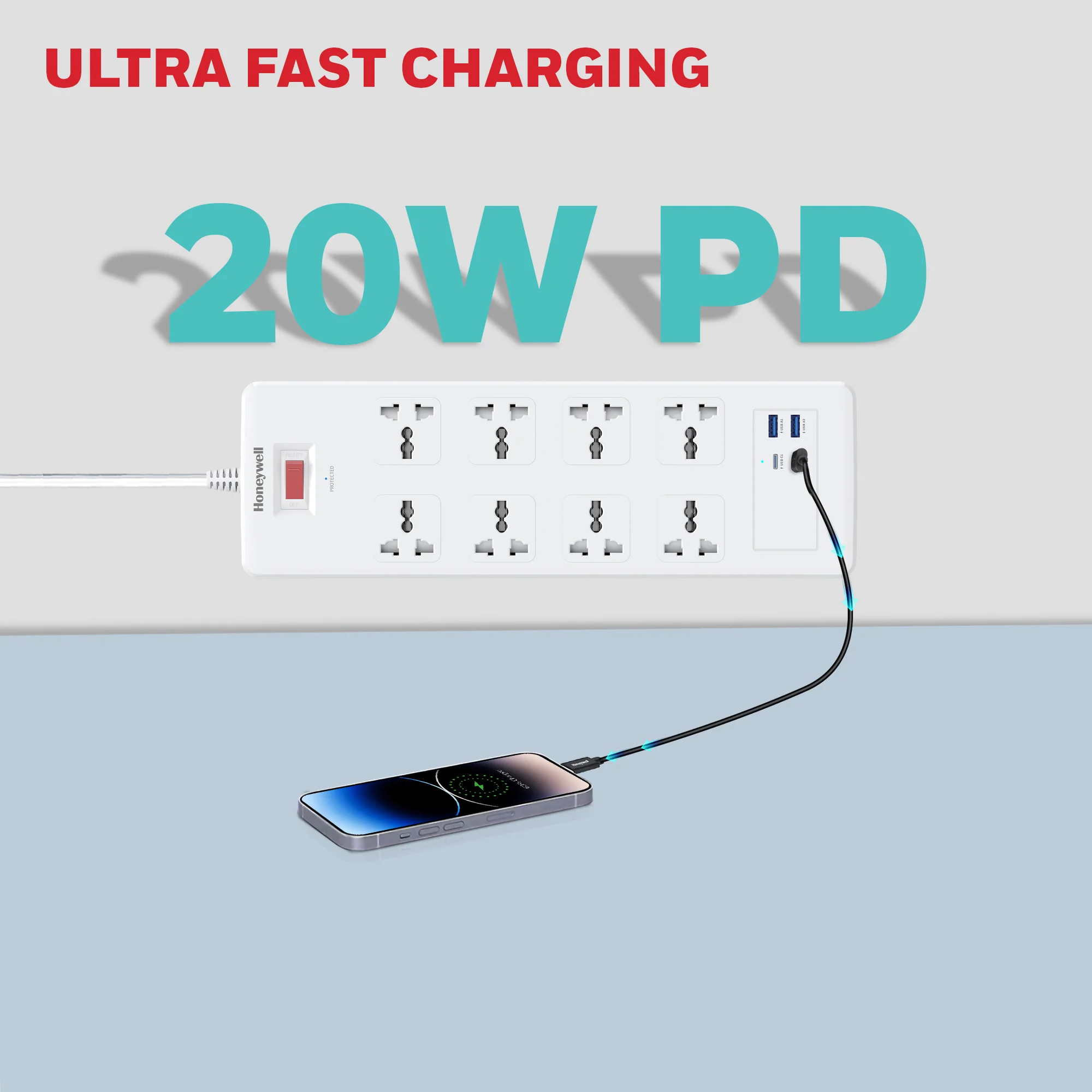 8 Outlet Surge Protector with 2 Type C with PD & 2 USB - White - Image 6